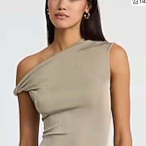 Express Taupe Asymmetrical Off-Shoulder Dress